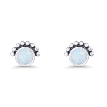 Round Solitaire Lab Created White Opal Oxidized Stud Earring Beaded 925 Sterling Silver Wholesale